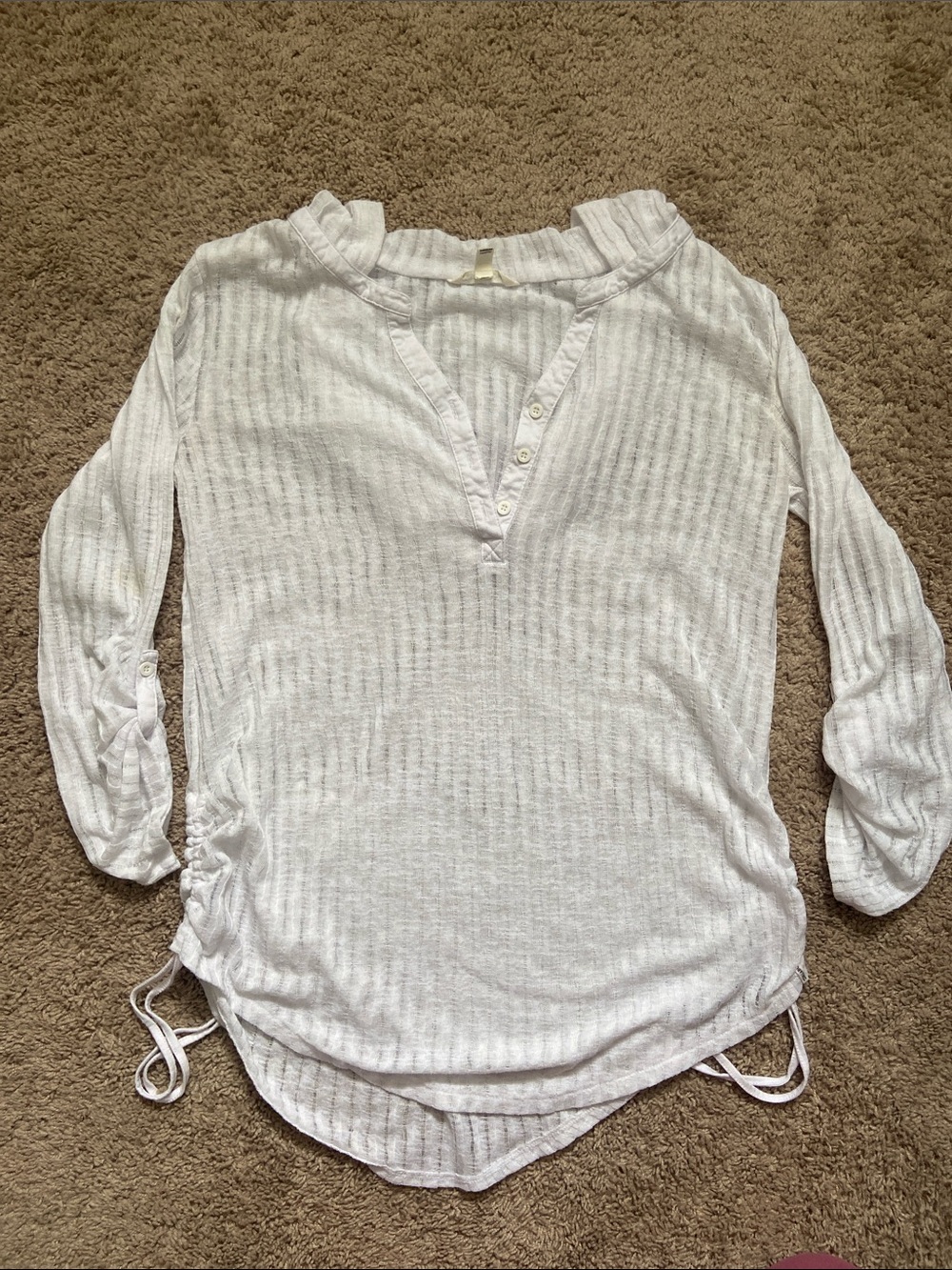 Billabong Lightweight White Ribbed Henley Top with Drawstring Hem